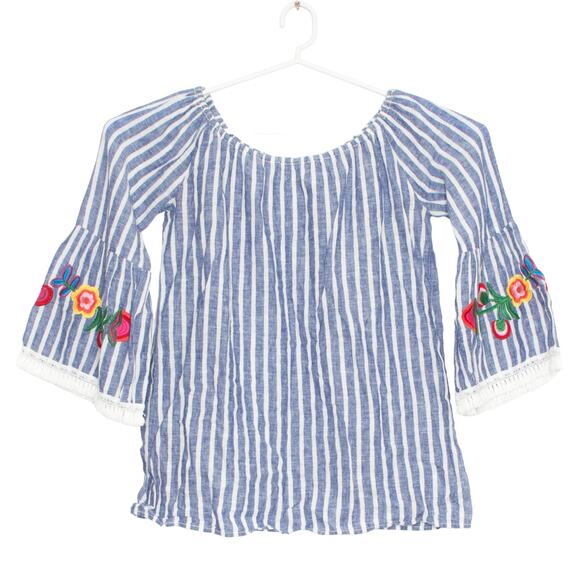 BeachLunchLounge Top Linen Off Shoulder Cottage Boho Embroidered Stripe Small - Picture 1 of 5